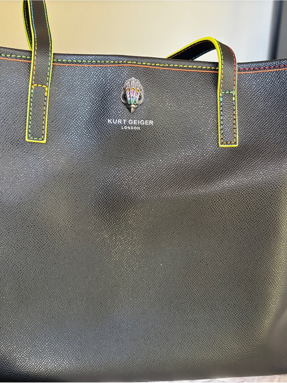 Kurt Geiger Black Leather Tote with Neon Yellow Trim